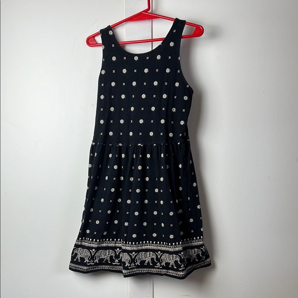OLD NAVY Black Sleeveless Summer Dress with White Floral Pattern and elephants